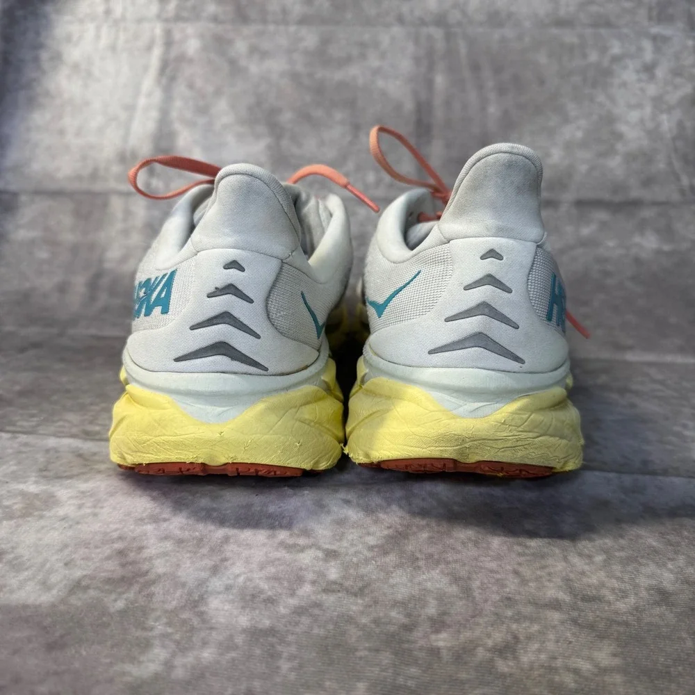 Hoka Clifton 8 Mens 11D Road Running Shoes White Yellow Coral Teal Sneaker
